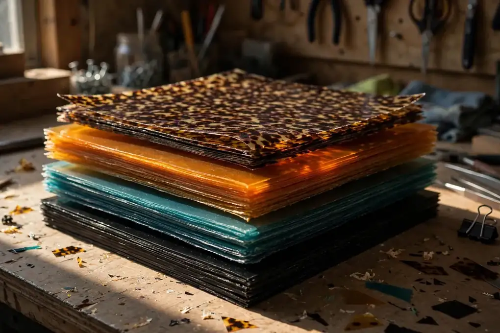 Raw acetate sheets in amber and tortoise patterns