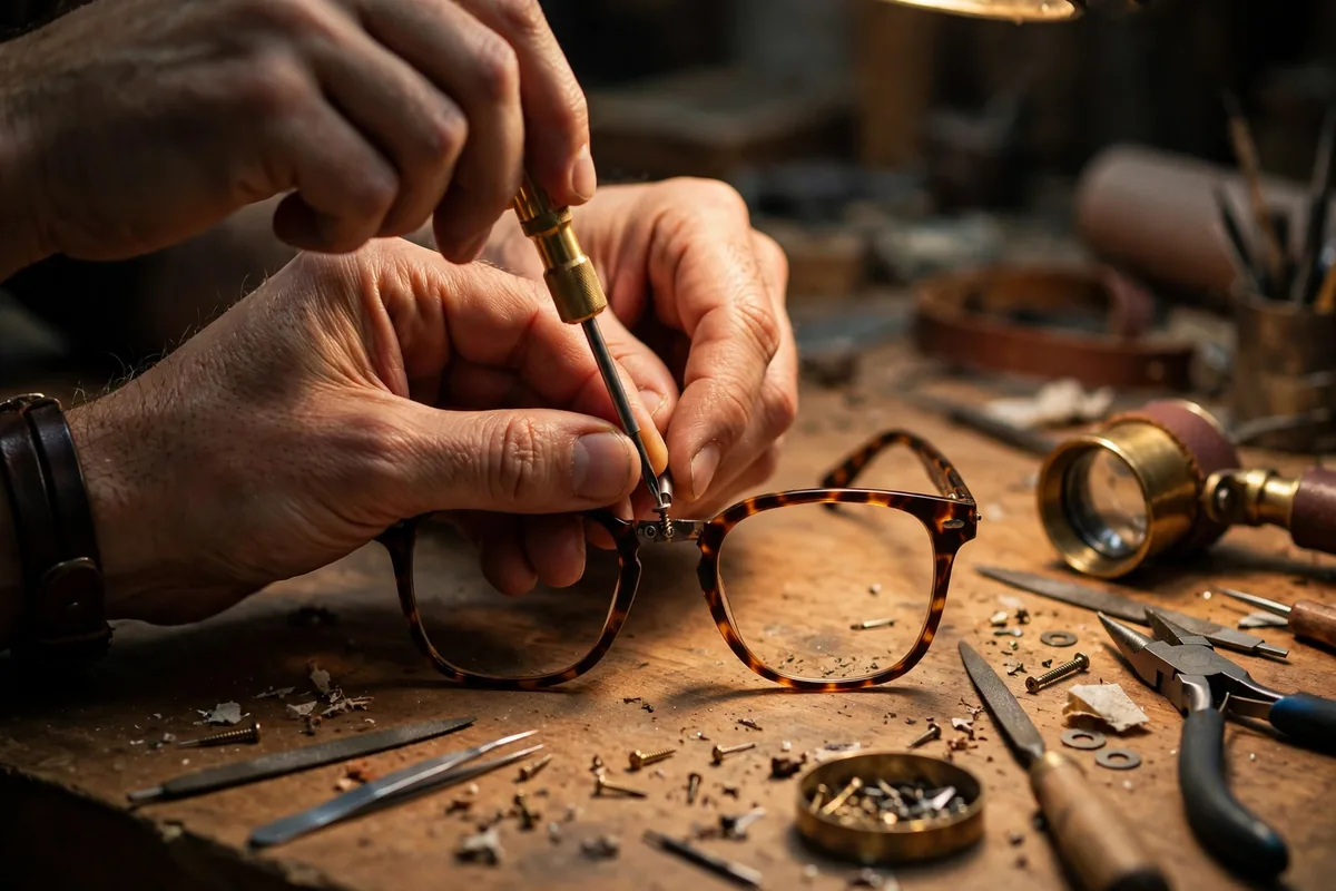 A craftsperson's hands tightening a hinge screw on a tortoiseshell frame with a jeweler's screwdriver, tools and a loupe on the workbench
