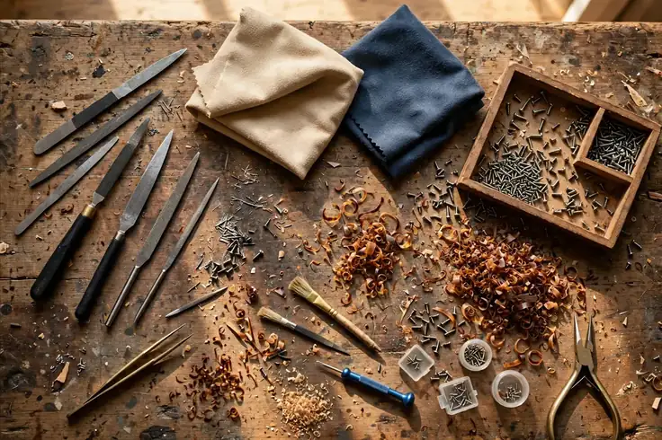 Frame maker's tools — files, screws and calipers on a workbench