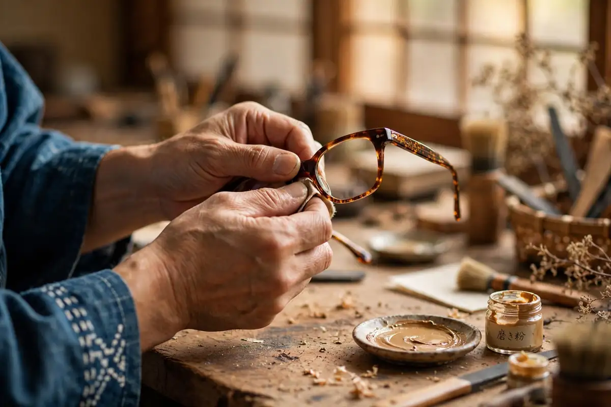 Hands shaping a frame at a traditional workshop bench