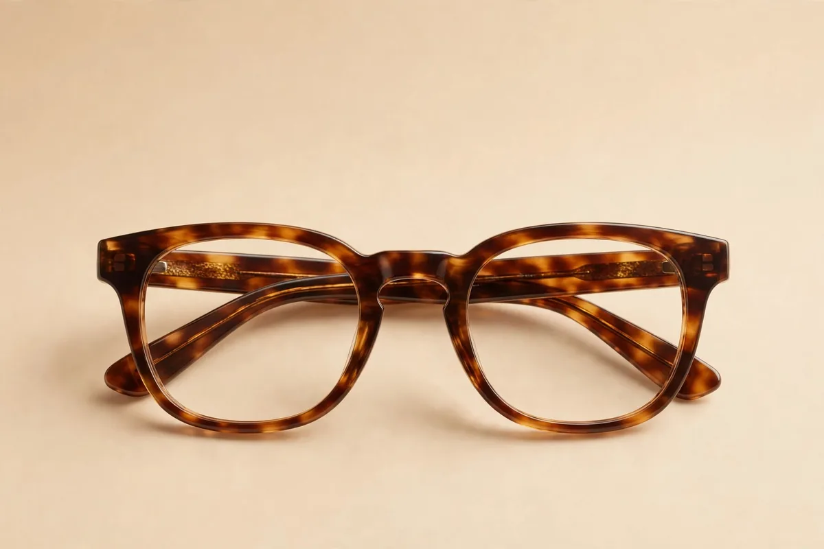 A complete pair of tortoiseshell acetate eyeglasses with a sculpted keyhole nose bridge, front view on a warm cream background