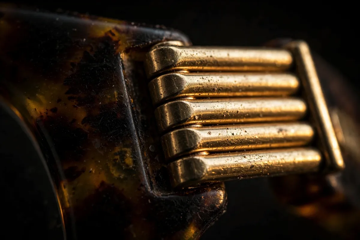 Close-up of a five-barrel metal hinge on an acetate temple arm