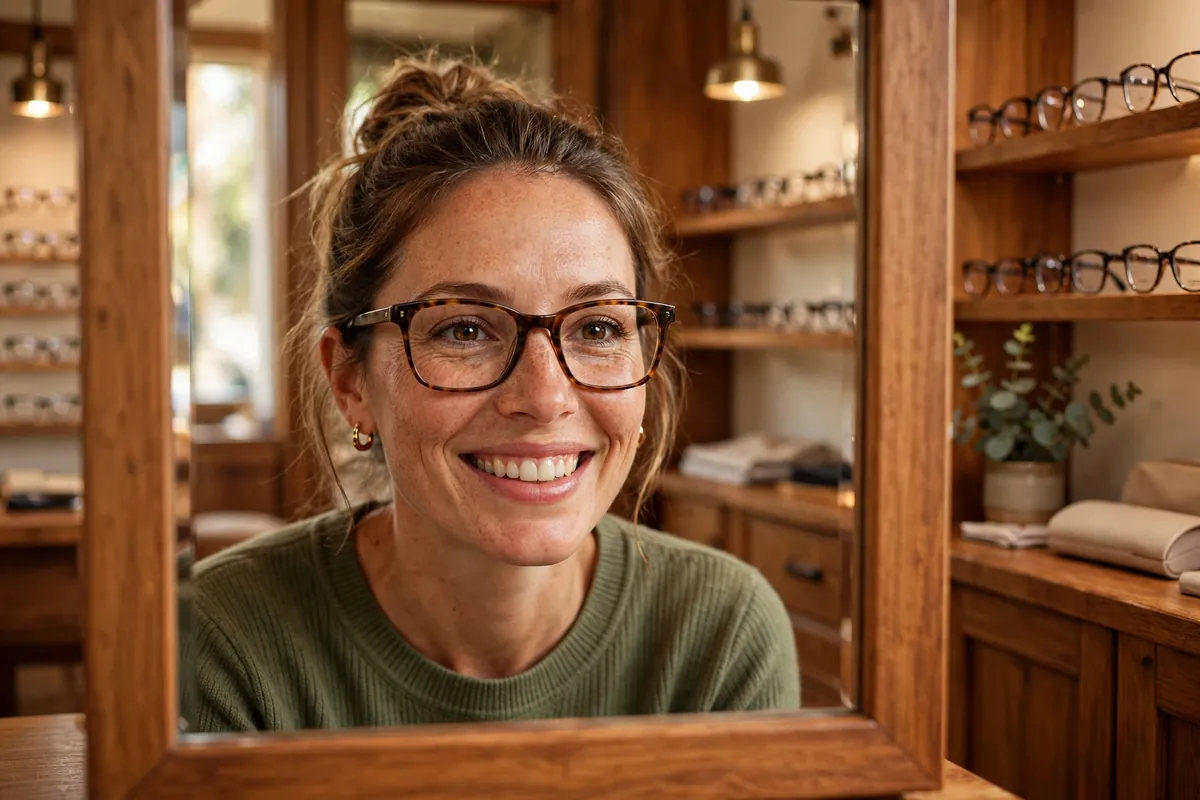 Shopper trying on oversized acetate frames in a sunlit optical store