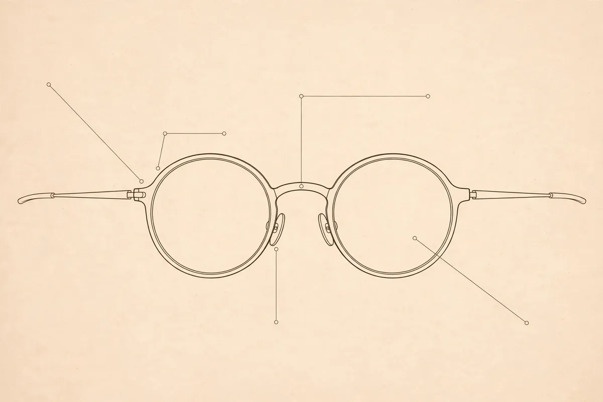 Annotated diagram of frame parts: temple, hinge, bridge and rim