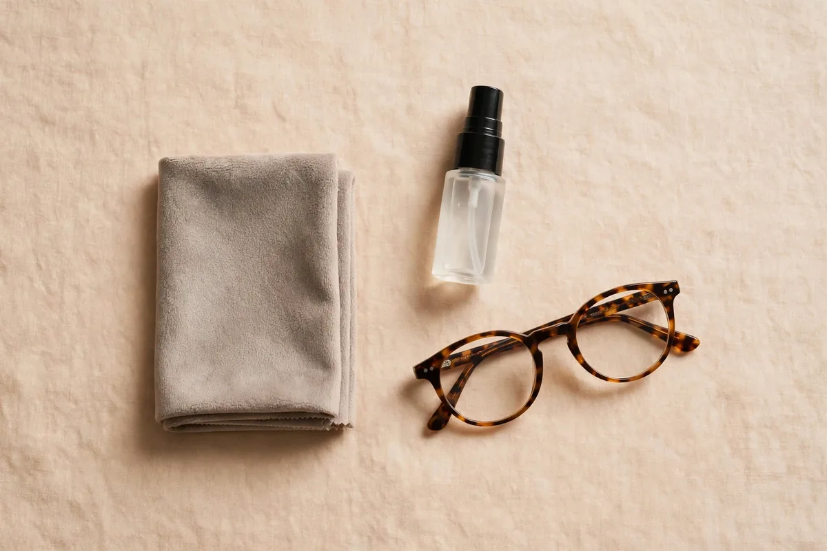 Flat lay of a folded microfiber cloth, an unlabeled lens-cleaner spray bottle, and tortoiseshell eyeglasses on a warm linen surface