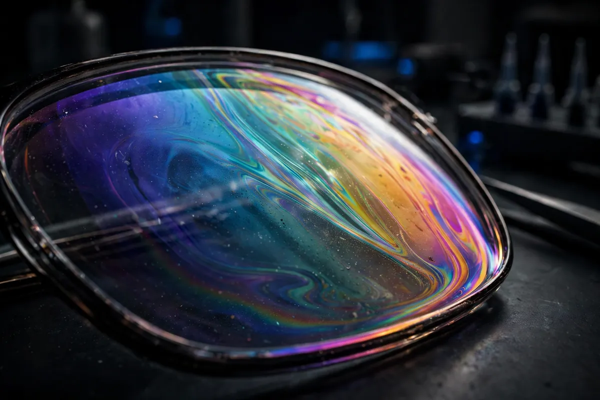 Lens with a rainbow anti-reflective coating catching lab light