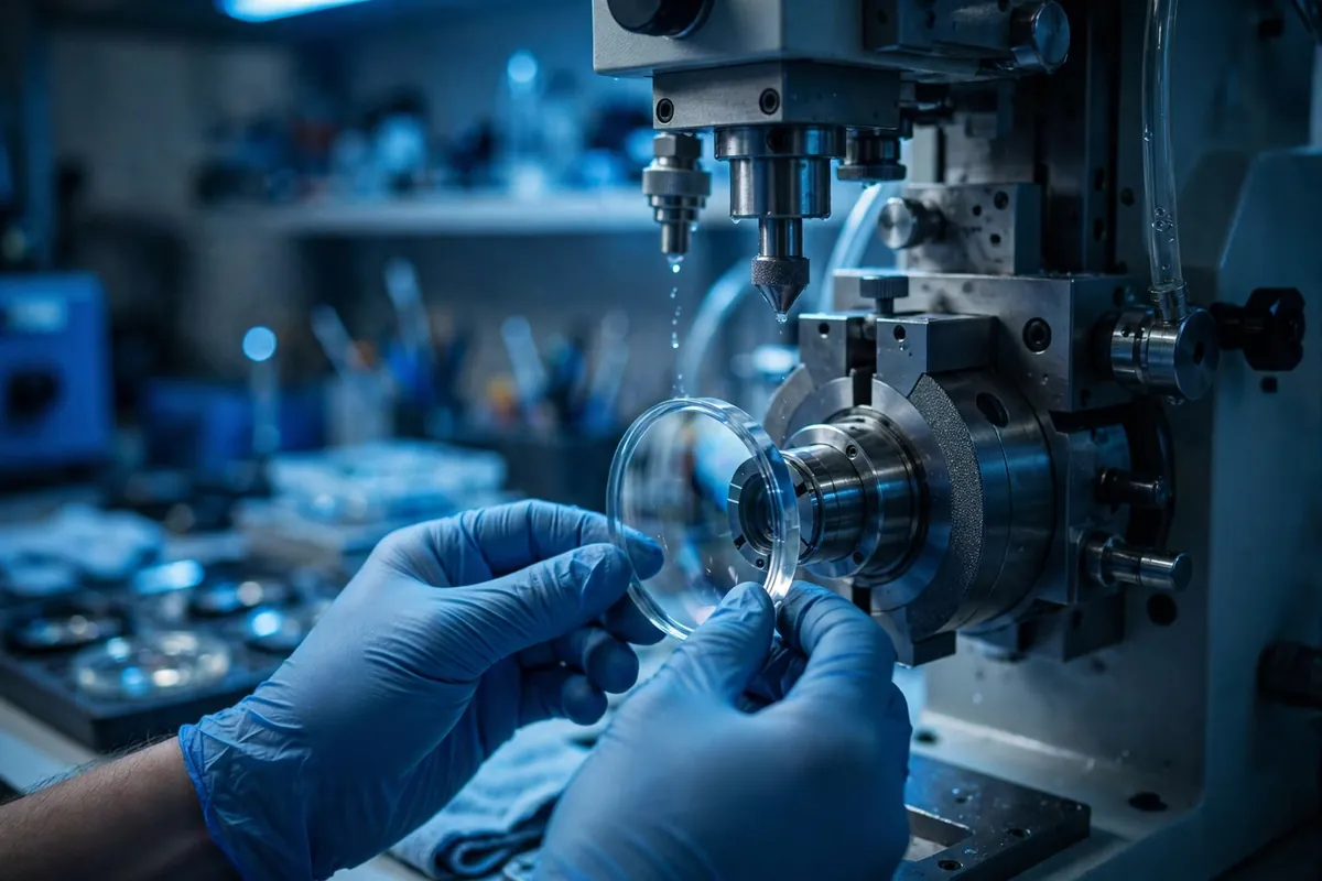 Optician edging a lens in an optical workshop lab