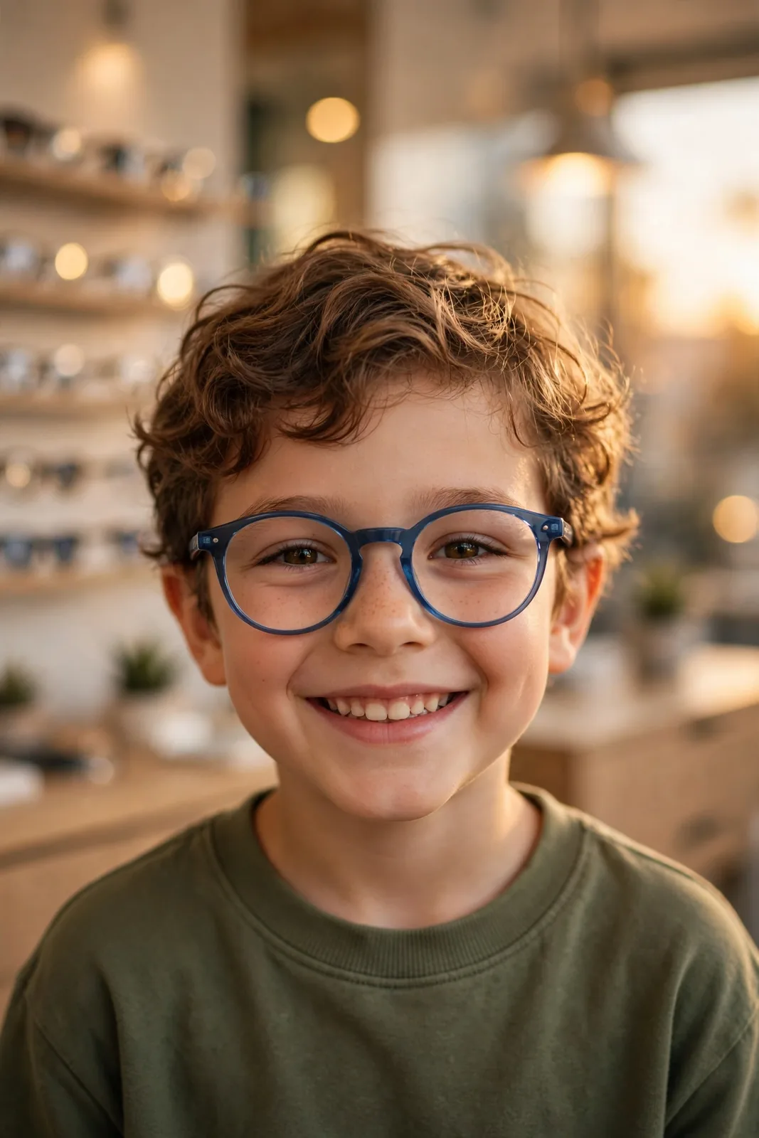A smiling child wearing round blue eyeglasses inside a bright optical shop at golden hour