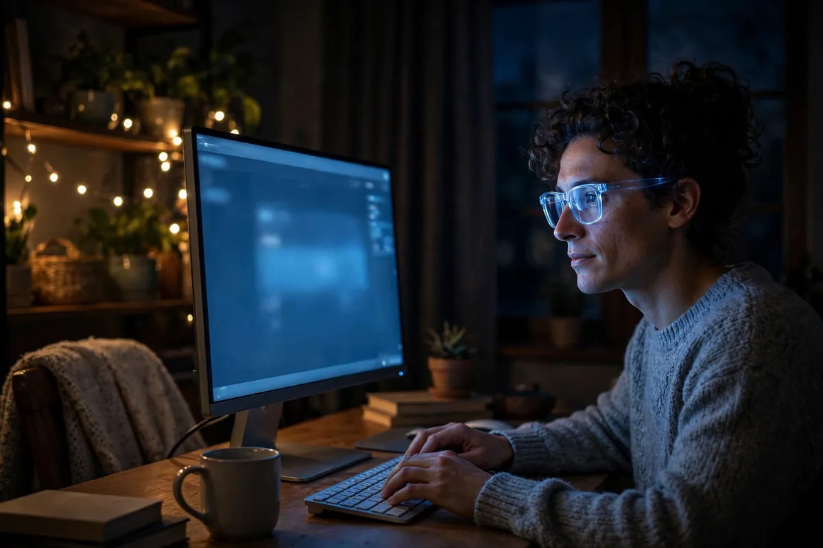 Glasses resting beside a laptop screen with visible glare