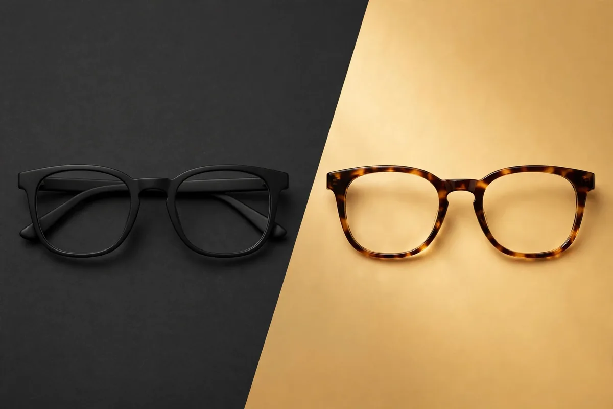 Two pairs of eyeglasses split by a diagonal: a plain black pair on dark charcoal, a tortoiseshell pair on warm gold