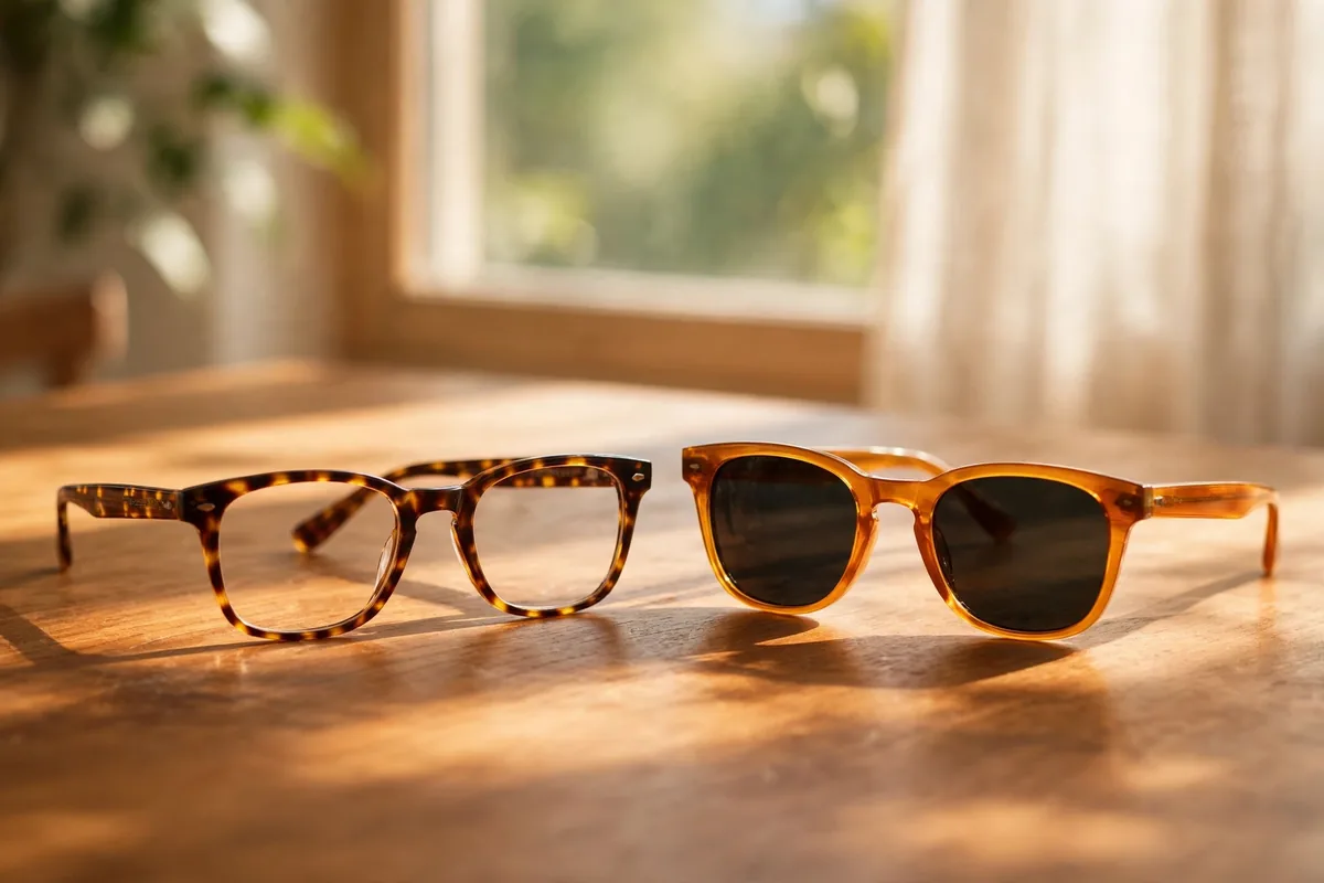 Tortoiseshell optical glasses and amber sunglasses side by side on a sunlit wooden table by a window