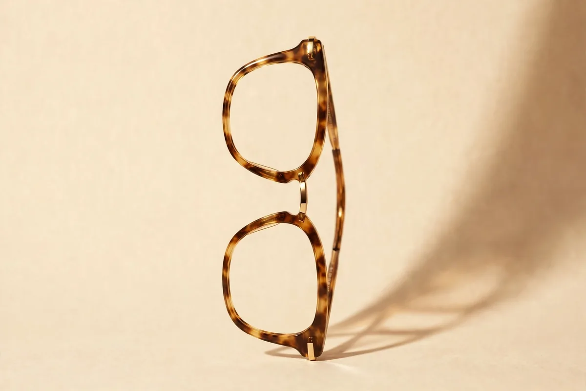 An elegant caramel tortoiseshell eyeglass frame with gold accents standing upright against a cream backdrop