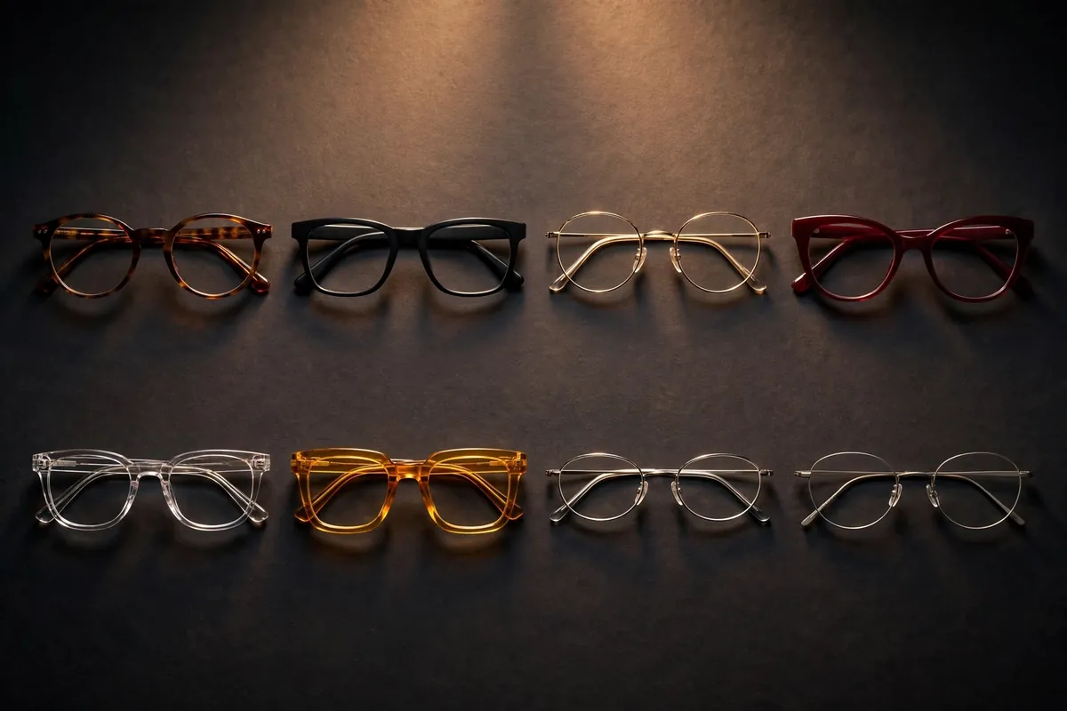 Eight pairs of eyeglasses in two rows of four — tortoise, black, gold wire, burgundy, crystal, amber, and titanium — on a dark background