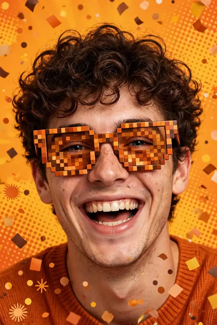 A laughing young man wearing chunky orange pixel-style sunglasses against a pop-art confetti background