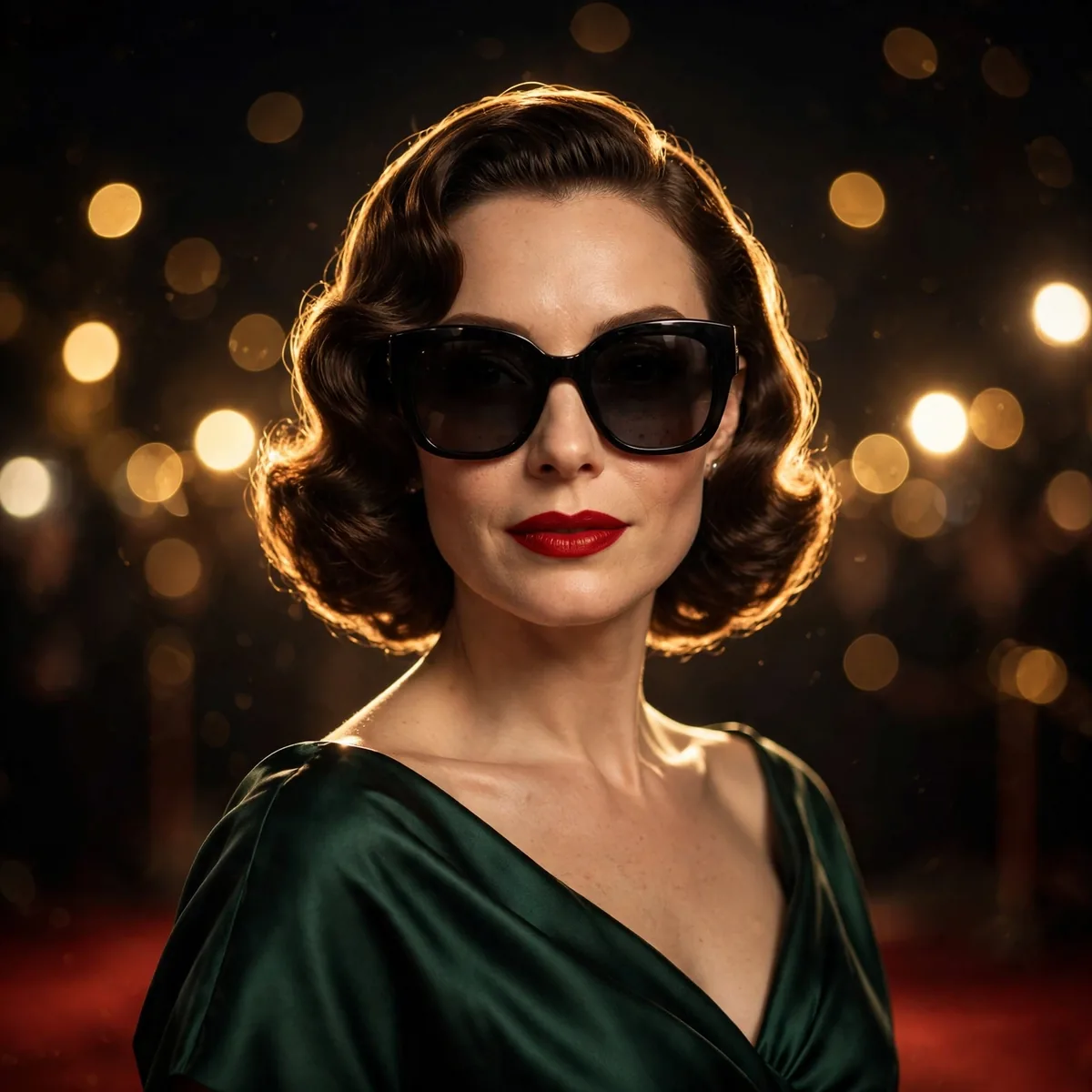 A woman in a dark green silk gown and oversized black sunglasses on a red carpet, golden bokeh behind her