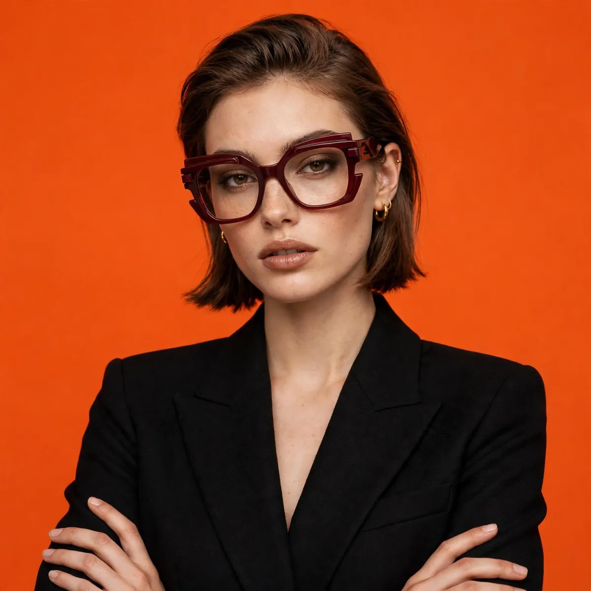 Model wearing burgundy sculptural acetate frames against a studio backdrop