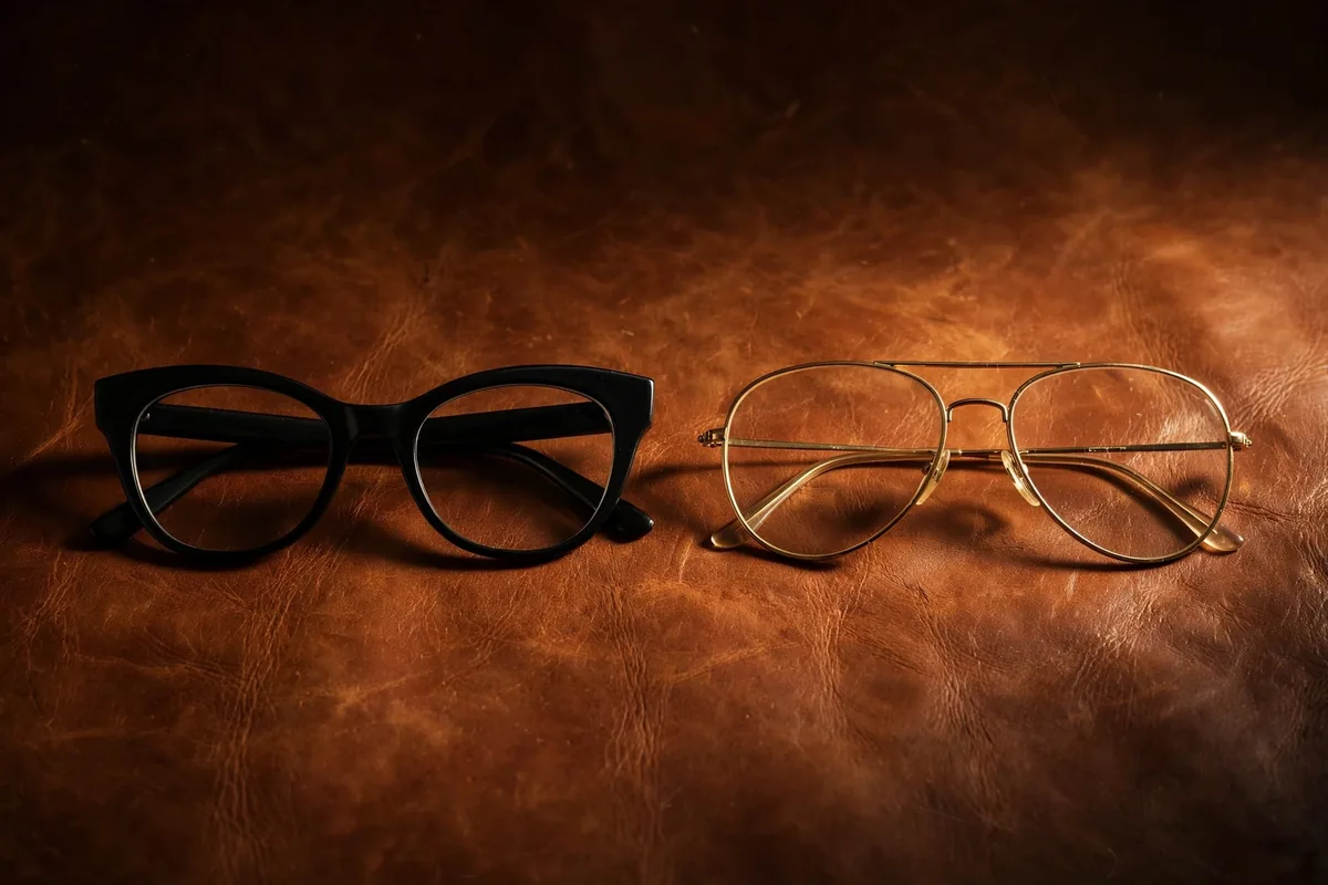 A black cat-eye frame and a gold aviator frame resting side by side on cognac leather