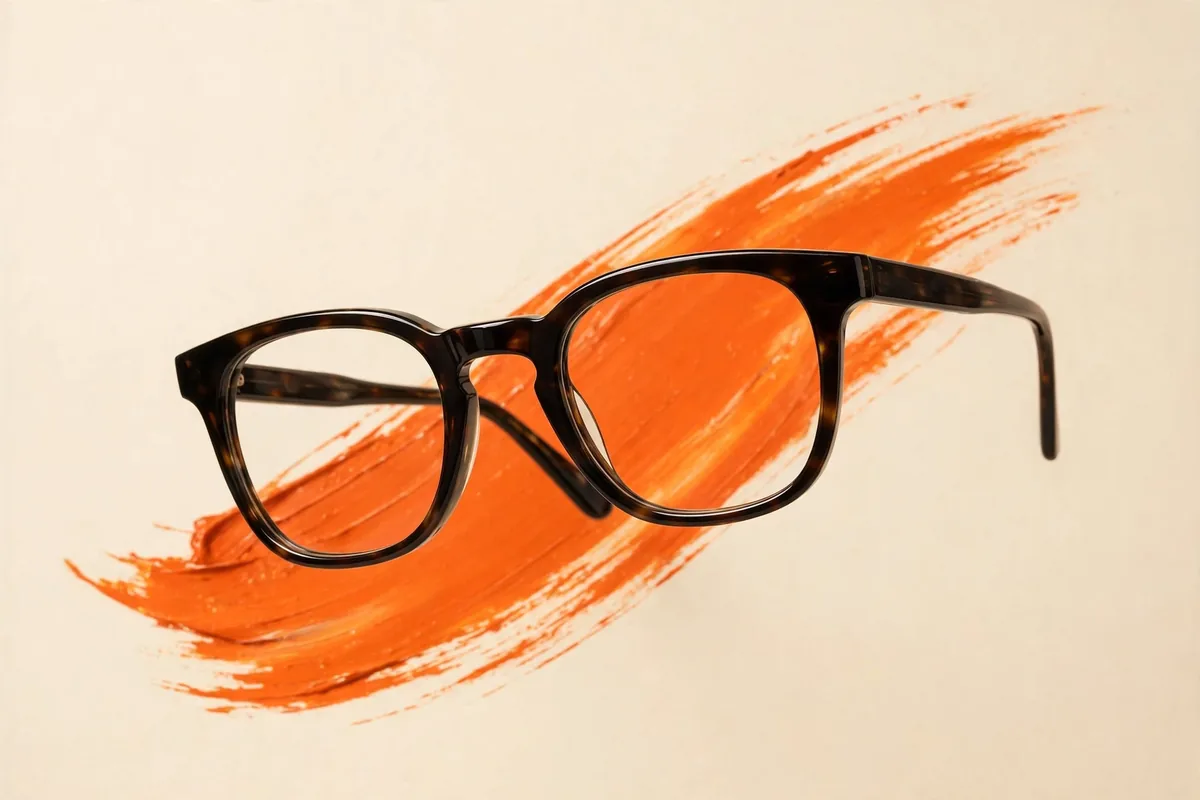 Rounded-rectangle tortoiseshell eyeglasses floating over a bold orange brushstroke on a cream background