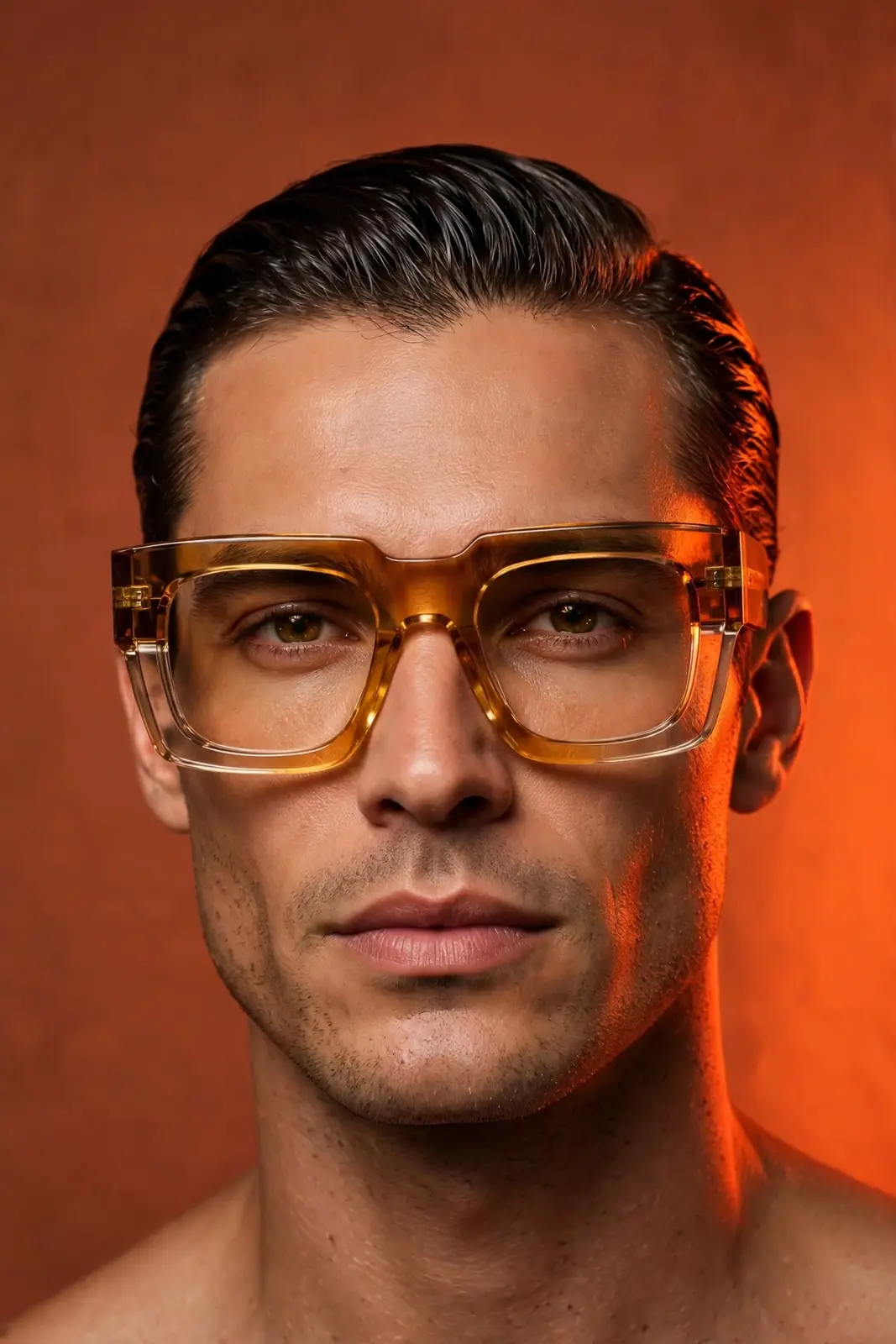 Portrait of a man wearing oversized sculptural translucent amber acetate eyeglasses against a terracotta background