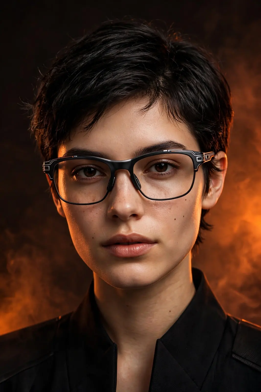 Portrait of a young woman wearing sleek black smart glasses, lit by warm orange light