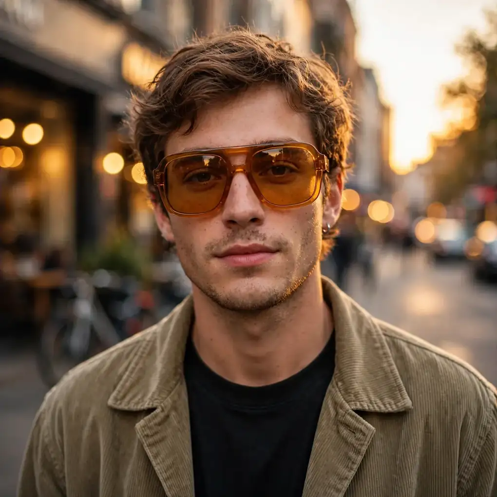 Street-style portrait: oversized amber frames at golden hour