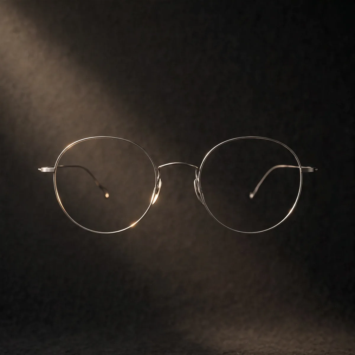 Ultra-light round silver titanium wire eyeglasses floating in a beam of light against a dark background