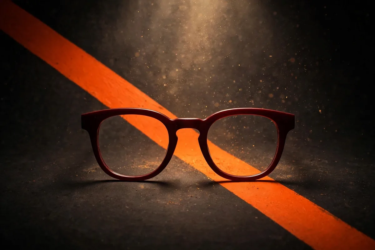 A pair of burgundy rounded-rectangle eyeglasses on a dark surface split by a diagonal orange stripe, under a spotlight